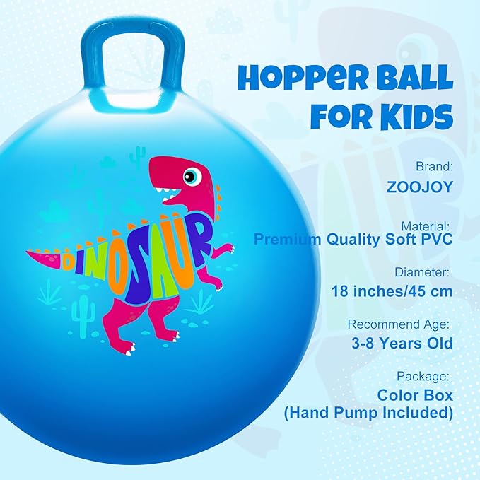 ZOOJOY Hopper Ball for Kids18In Bouncy Balls with Handle, Blue Dinosaur Indoor Outdoor Todder Toys Active PlayToys for 3 4 5 6 7 8 Yr Old, Balance Hopping Toys Gifts for Little Boys Girls