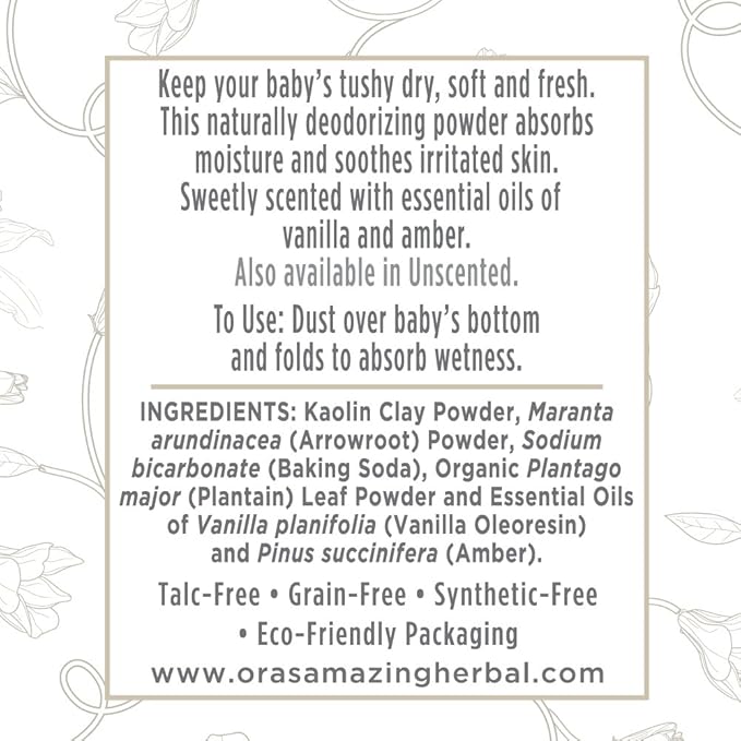 Baby Powder Talc-Free, Real Vanilla Amber Natural Scent, Cornstarch Free Arrowroot and Clay Based Powder, Synthetic Fragrance Free, Ora's Amazing Herbal, 2.5 oz