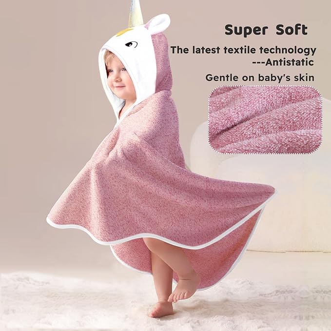 Super Soft Baby Hooded Towel, Cute Animal Bath Towels Ultra Absorbent 34x34 Inch for Newborn Infant,Toddler, (Unicorn) (Pink)