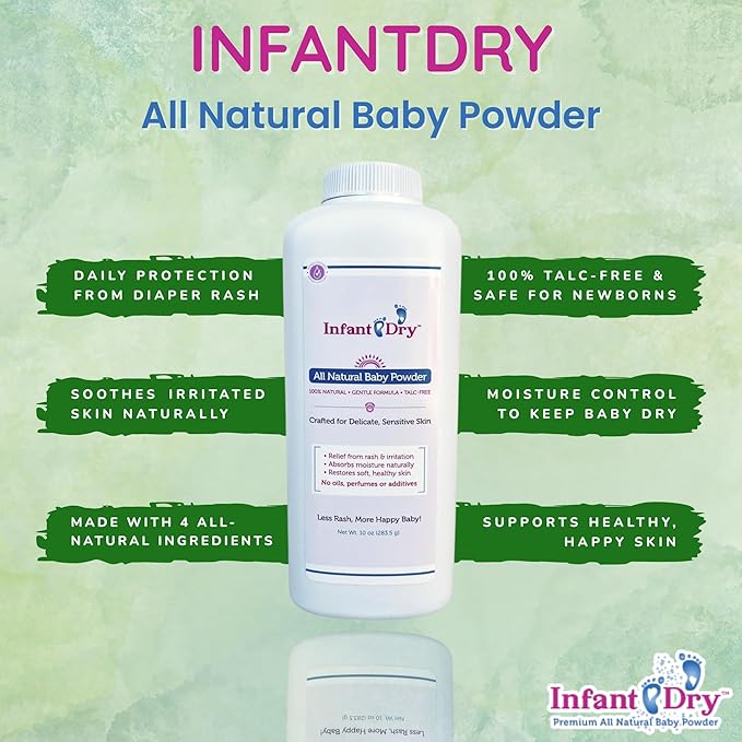 Infant Dry All Natural Baby Powder 10 Oz - Gentle Formula Talc Free, All Natural and Unscented Dusting Powder for Sensitive Baby Skin