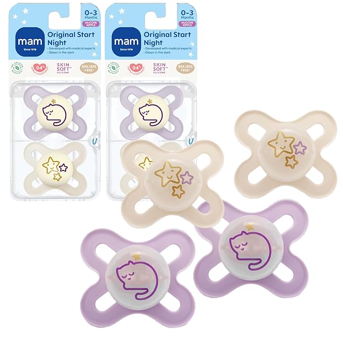 MAM Original Start Night Baby Pacifiers 0-3 Months Newborns, BPA-Free Skin Soft Silicone Nipple, Glows in The Dark, Developed with Medical Experts, 4 Count