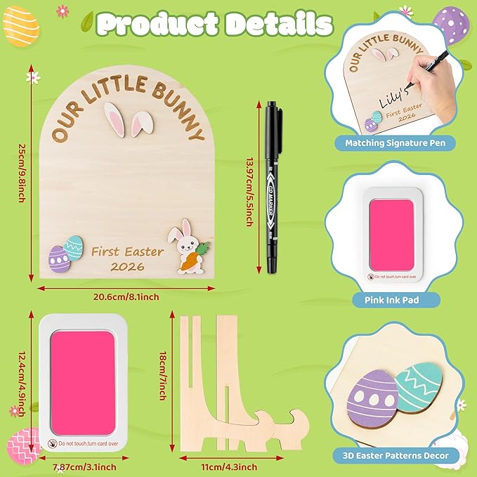 R HORSE DIY Baby's First Easter Footprint or Handprint Art Sign with Ink Pad, 3D Newborn Bunny Wooden Milestone with Marker Pen, Baby 1st Easter Keepsake Craft Gift Nursery Photo Prop Baby Shower