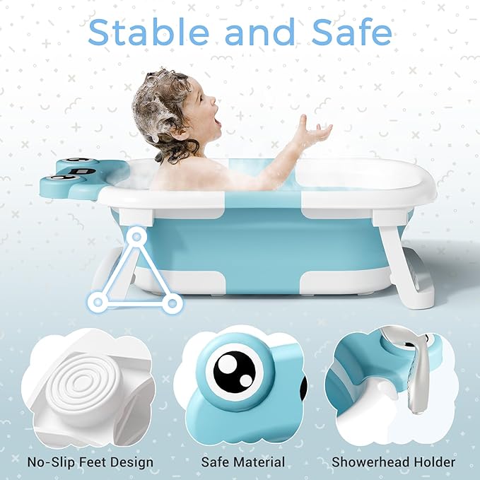 Baby Bathtub, Collapsible Newborn Bathtub for Infant to Toddler 0-24 Months with Soft Bath Net,Portable Travel Newborn Tub with No-Slip Feet, Baby Shower Gifts,Sky Blue