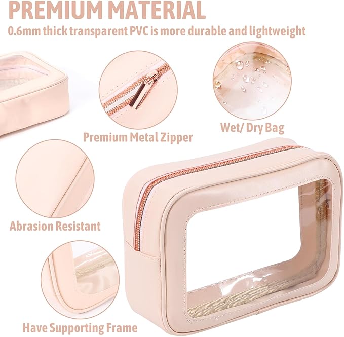 3Pack Clear Toiletry Bag,TSA Approved Travel Makeup Pouch with Zipper for Cosmetics and Toiletries，Diaper Bag Organizer Pouch Set，Women's Purse Organizer and Clear Car Bag