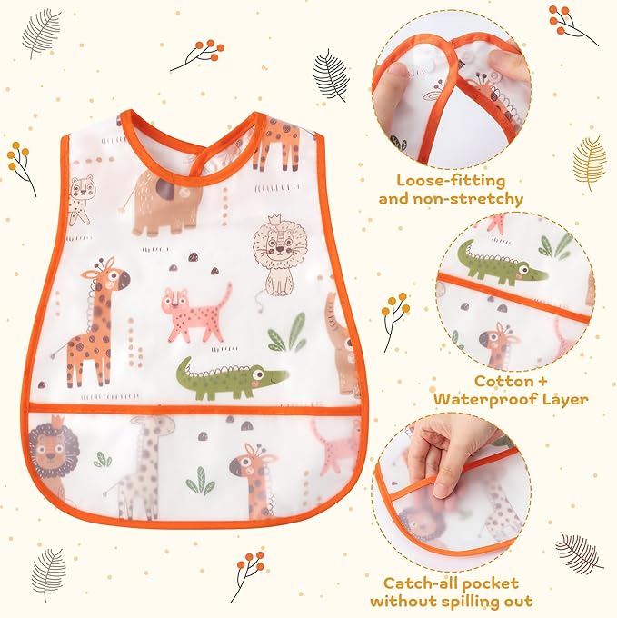 R HORSE 5Pcs Baby Bibs Set Toddler Bibs with Crumb Catcher Pocket & Snap Button Waterproof Baby Feeding Bibs for 6-24 Months