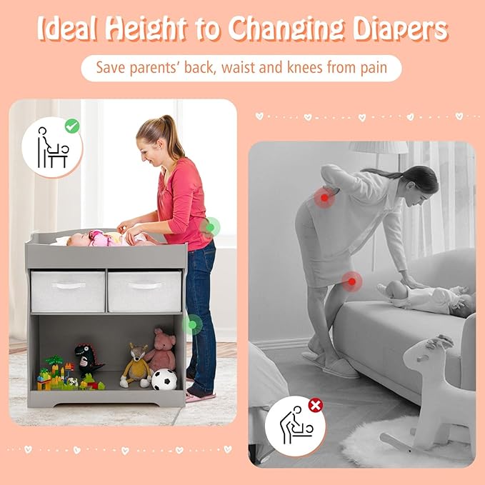 Costzon Baby Changing Table, 2 Drawer Infant Diaper Changing Station with Waterproof Changing Pad, Changing Table Dresser for Nursery (Gray)