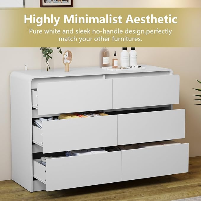White 6 Drawer Dresser for Bedroom,Modern Chest of Drawer with Curved Corner and No-Handle Design,Bedroom Storage Organizer Dresser for Closet,Hallway