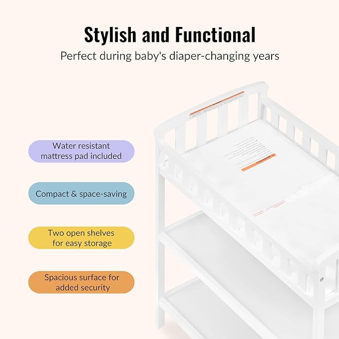 Dream On Me Emily Changing Table, Compact and Lightweight, Solid New Zealand Pinewood, Elevated Safety Rails, Two Storage Shelves, Includes Water-Resistant 1" Changing Pad — White