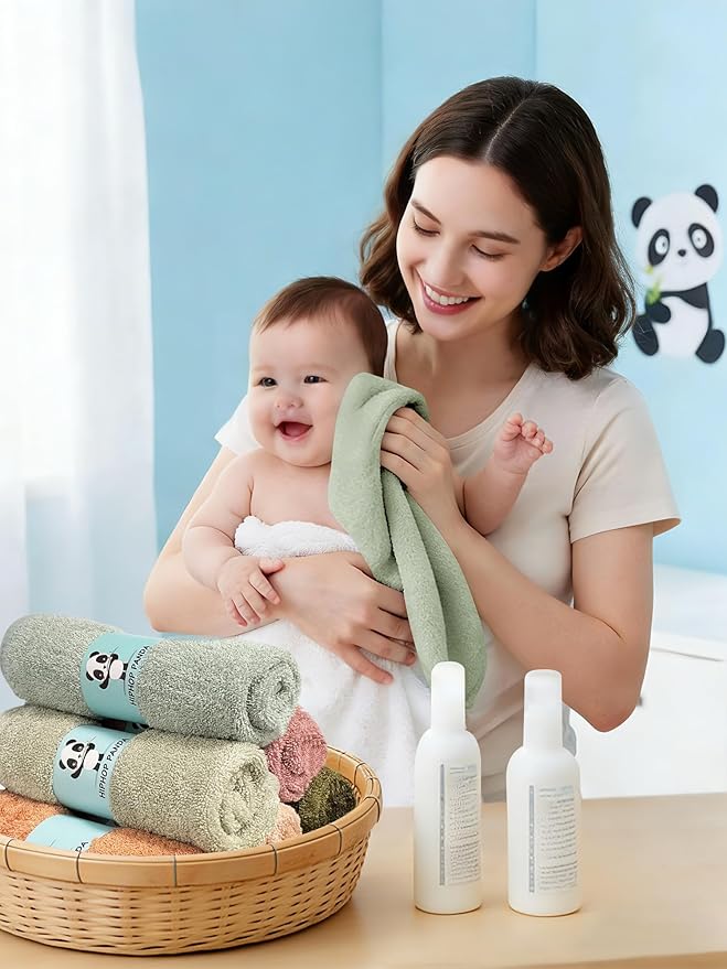 HIPHOP PANDA Baby Washcloths, Rayon Made from Bamboo - 2 Layer Ultra Soft Absorbent Newborn Bath Face Towel - Reusable Baby Wipes for Delicate Skin - Boho Earth Tones, 6 Pack