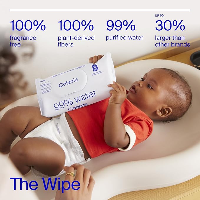 Coterie Baby Wipes + Diapers Kit, Size 1 (99 Count) & Size 2 Diapers (186 Count), 4 Pack (224) Baby Wipes with 99% Water, Plant Based Materials, Hypoallergenic for Sensitive Skin