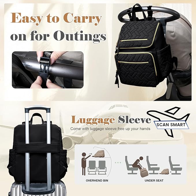 Omanmoli Diaper Bag Backpack Large Baby Travel Bag Diaper Essential Bag with 17 Diaper Bag Organizers,4 Insulated Pockets,Portable Changing Pad,Stroller Buckles,Black