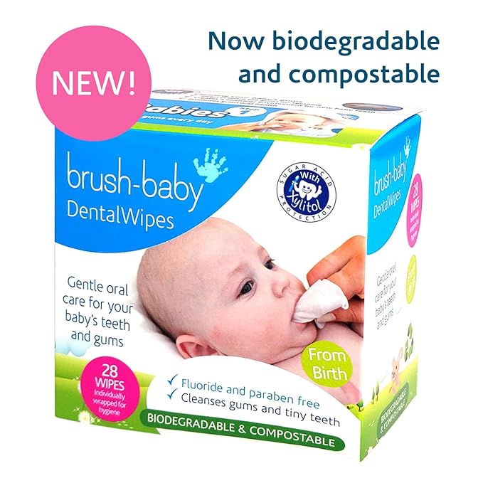 Brush Baby Teething Relief Dental Wipes for Ages 0-Toddler - Naturally Eliminate Teething Pain, Prevent Tooth Decay and Sour Milk Breath - 28 Finger Wipes