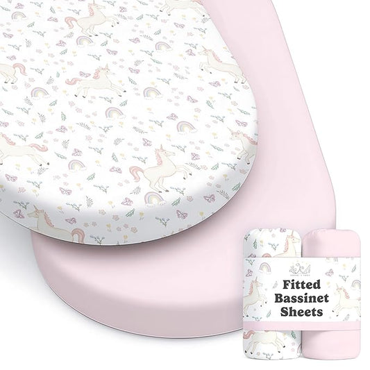 Baby Bassinet Sheets for Boy, Girl (Unicorn Blossom) 2-Pack - Fitted Bedside Bassinet Sheets - Buttery Soft Cotton Blend for Standard Mattress Pad - Compatible with Halo BassiNest