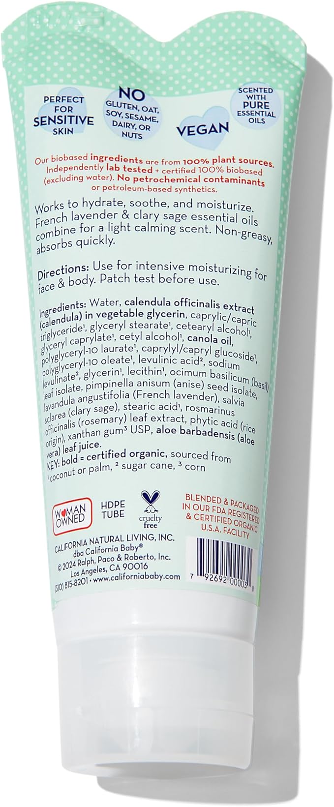California Baby Calming Cream | 100% Plant-Based Moisturizer | Lavender Baby Lotion | Face Moisturizer For Dry Skin | Hypoallergenic | 2.9 oz / 82g