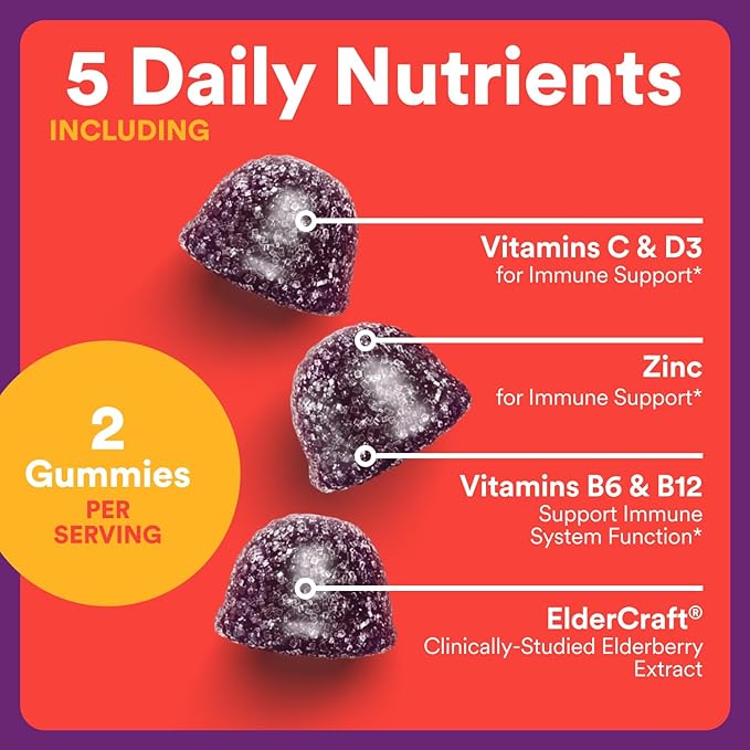 SmartyPants Kids Immunity Elderberry Gummies: Kids Immune Support Supplement, Vitamin C, Vitamin D, Vitamins B6 & B12 and Zinc, Gluten Free, Elderberry Flavor, 60 Count (30 Day Supply)