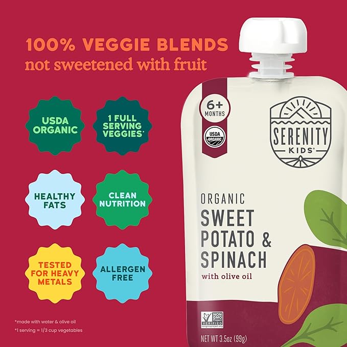 Serenity Kids 6+ Months Veggie Puree Baby Food Pouches - USDA Organic Baby Snacks - No Added Sugar Veggie Puree for Toddler Snack - On-the-Go Food Pouches - 3.5 Oz, Pack of 6