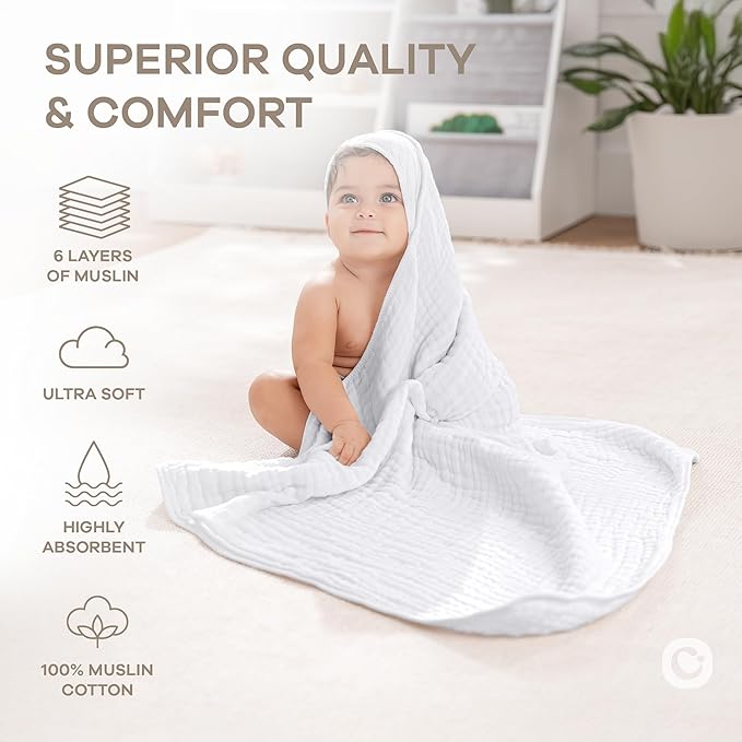 Comfy Cubs Hooded Baby Towel 2-Pack, Large 32 x 32 Inch - 6 Layer 100% Muslin Cotton for Babies, Toddlers and Kids - Soft & Absorbent Baby Bath Towels - Unisex Design for Bath Time - White