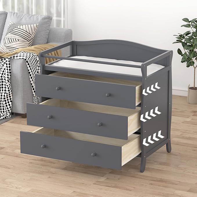 Wooden Diaper Changing Table, Baby Diaper Changing Station Infant Nursing Table with 3 Drawers, Safety Rail & Strap, Modern Baby Changing Table for Bedroom, Nursery