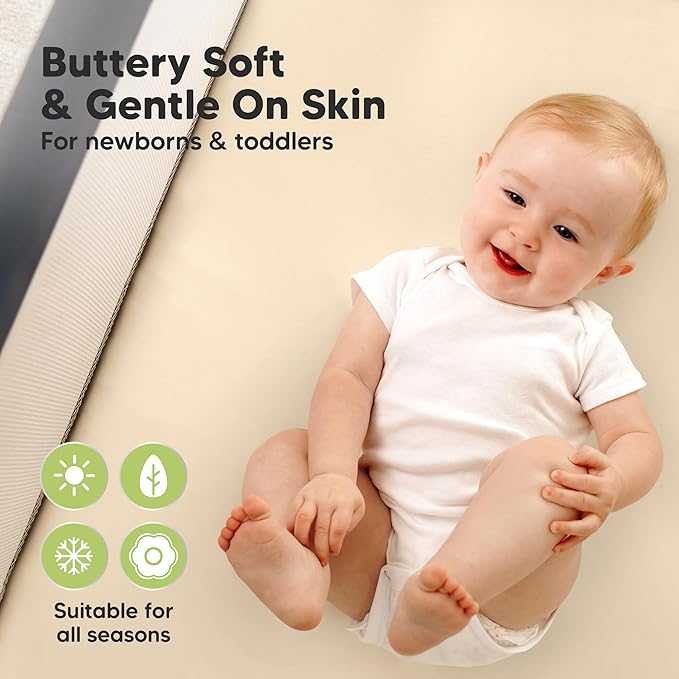 2-Pack Waterproof Pack and Play Sheets, Mini Crib Sheets Fitted for Boy, Girl - 38 x 26 Viscose from Bamboo Pack N Play Mattress Sheets for Graco, Toddler Playard Baby Crib Sheets Neutral (Macadamia)
