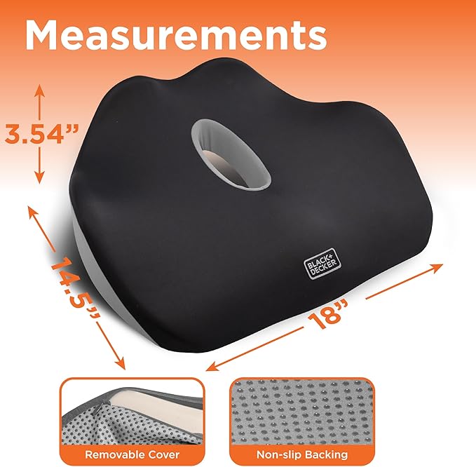 BLACK+DECKER Quilt Knit Car Foam Seat Cushion – Memory Foam Chair Cushion for Office, Car, Wheelchair & Airplane – Ergonomic, Non-Slip, Sciatic Pain Relief, Washable Cover
