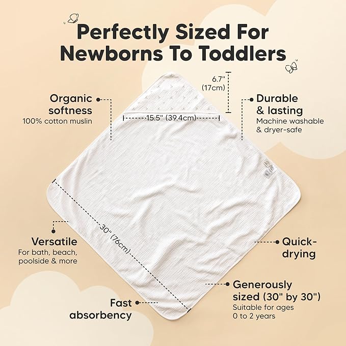 KeaBabies Muslin Baby Bath Towels with Hood for Girls, Boys -Large Organic Cotton Hooded Baby Towels for Newborns,Toddlers,Infant,Kids,Soft Absorbent Newborn Bath Essentials Gift Set(Meadow, Petite)