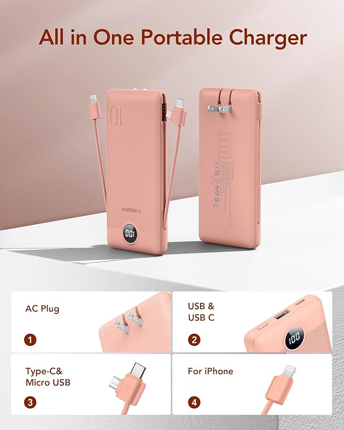 VEGER Portable Charger with Built-in AC Plug and Cables, All in One 10000mAh Ultra Slim Power Bank Travel Essentials, 15W Fast Charging Battery Pack Compatible with iPhone, Samsung, More(Dark Pink)
