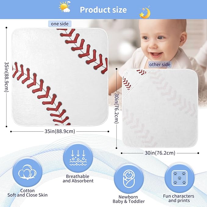 Sport Baseball Print Baby Towel Ultra Soft Hooded Towels for Babies - Ultra Absorbent Cotton Bath Towels 35x35 Inch
