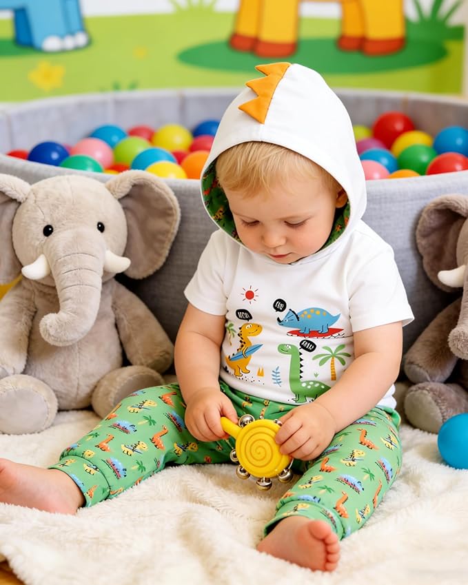 Newborn Boy Summer Outfits Animal Print Short Sleeve Romper with Hoodie & Pants Infant Clothing Set