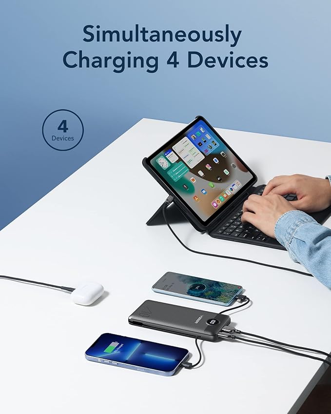 VEGER Portable Charger with Built-in AC Plug and Cables, All in One 10000mAh Ultra Slim Power Bank Travel Essentials, 15W Fast Charging Battery Pack Compatible with iPhone, Samsung, Android (Black)