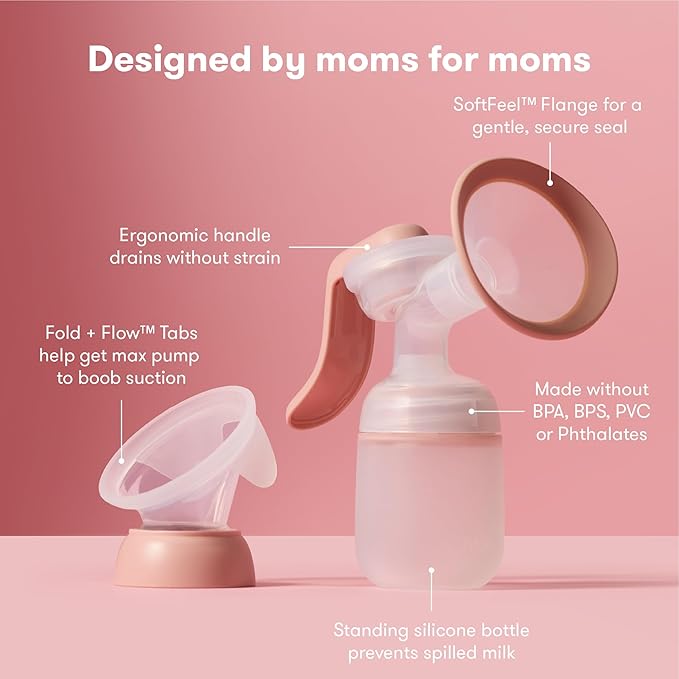 Frida Mom 2-in-1 Breast Pump: Manual Hand Pump & Hands-Free Automatic Suction Cup, Dual-Mode, Wireless Milk Collector, Ergonomic Handle, SoftFeel Flange for Breastfeeding