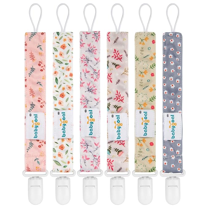 babygoal Floral Pacifier Clips, 6 Pack Binky Paci Holder Clips Leashes Fits Most Pacifiers and Binkies for Baby Girl & Boy Gift 6PS21