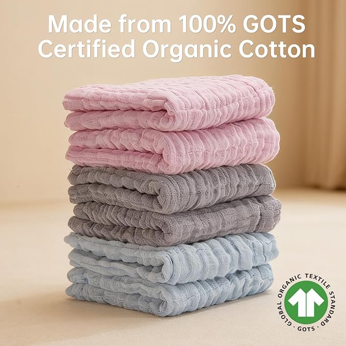 Organic Muslin Baby Washcloths 6 Pack Baby Bath Face Towel 12x12 Inch Extra Absorbent and Soft Burp Cloth and Wash Cloths for Newborn-Infants On Sensitive Skin (Grey Pink Blue)