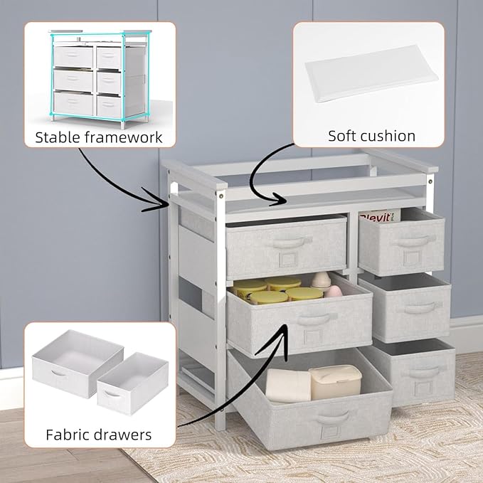 Glaf Baby Changing Table with 6 Storage Drawers and Pad Topper Modern Diaper Change Station Changing Table Dresser for Newborn Baby and Infant (White)