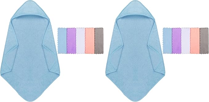 Orighty Baby Hooded Towel with Five Washcloths, 28 x 28 Inch Super Soft Bath Towel with Hood for Babies, Infant, Newborn Essential - Ideal Baby Stuff Registry for Boys and Girls (Blue) (Pack of 2)