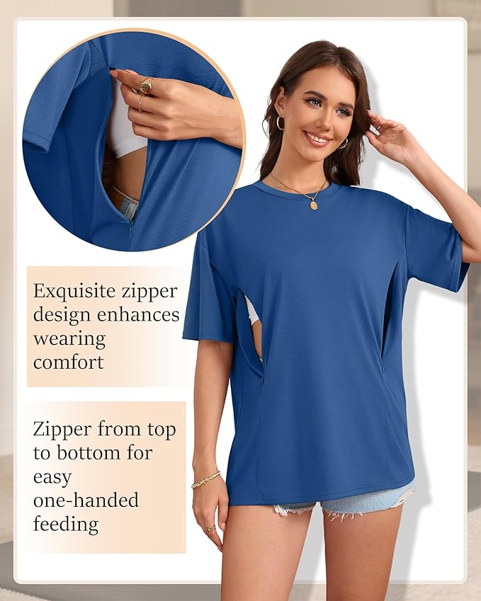 3 Pack Women's Oversize Nursing Breastfeeding Shirts Hidden Zipper Short Sleeve Loose Fit Maternity Tops