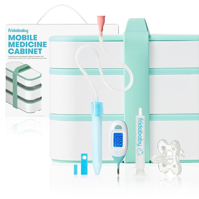 Frida Baby Mobile Medicine Cabinet Travel Kit, Set Baby Essentials Gift Set Includes NoseFrida Snotsucker, Rectal Thermometer, MediFrida Medicine Dispenser with Portable Carrying Case