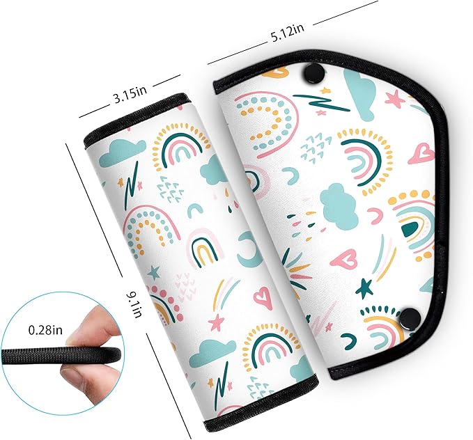 Kids Seat Belt Cover & Neck Protector - Soft Breathable Car Seat Belt Cushion for Children, Universal Fit, Hypoallergenic Travel Accessory, (Rainbow)
