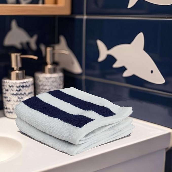 ORIGINAL KIDS Wash Cloth - Set of 12 Cabana Stripe Washcloths - 100% Cotton Yarn-Dyed Terry - 450 GSM Quick Dry Soft Absorbent Gentle Baby Face Towels for Bathroom Travel Daycare - 12 x 12 - Navy