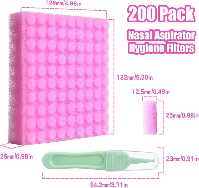 Replacement for Nosefrida Nasal Aspirator Filters, 200-Pack of Premium Nasal Aspirator Hygiene Sponges, with Nose Cleaning Tweezers (Red,200 Count)