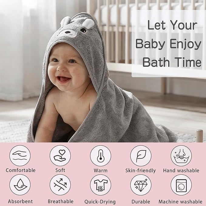 4 PCS Hooded Baby Towel Set, 32x32 Inch Absorbent Baby Bath Towels, Soft Hooded Towels and 3 PCS Washcloths, Unisex Baby Gift Set for Newborns, Babies, Toddlers (Gray)