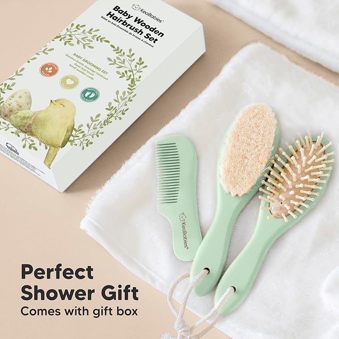Baby Hair Brush Set for Newborns - Soft Goat Bristle Wooden Baby Brush and Comb Set Newborn Grooming Kit for Cradle Cap, Durable & Gentle, Boy, Girl Infant Essentials Care Kit (Oval, Sage)