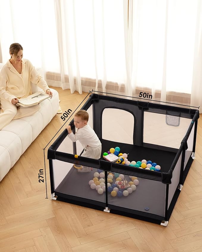 50" x 50" Extra Large Baby Playpen for Babies and Toddlers, Safe Activity Center with Soft Play Fence, Indoor Safety Yard, Easy to Assemble and Clean (Black)