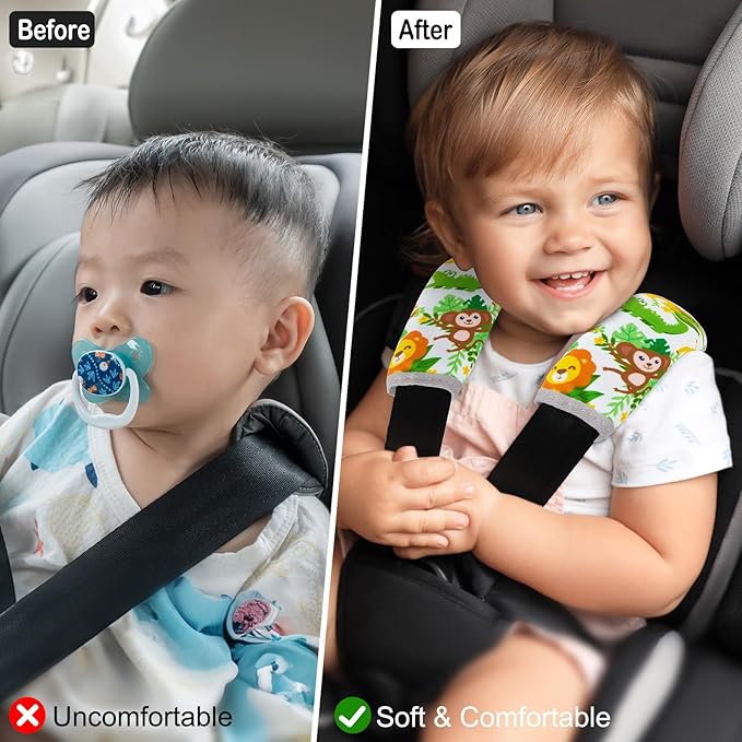 Seat Belt Cover Pad for Baby, Soft Seatbelt Cushion Covers for Kids 2Pcs Car Seat Strap Shoulder Pads for All Car Seats, Stroller, High Chair,Green Zoo