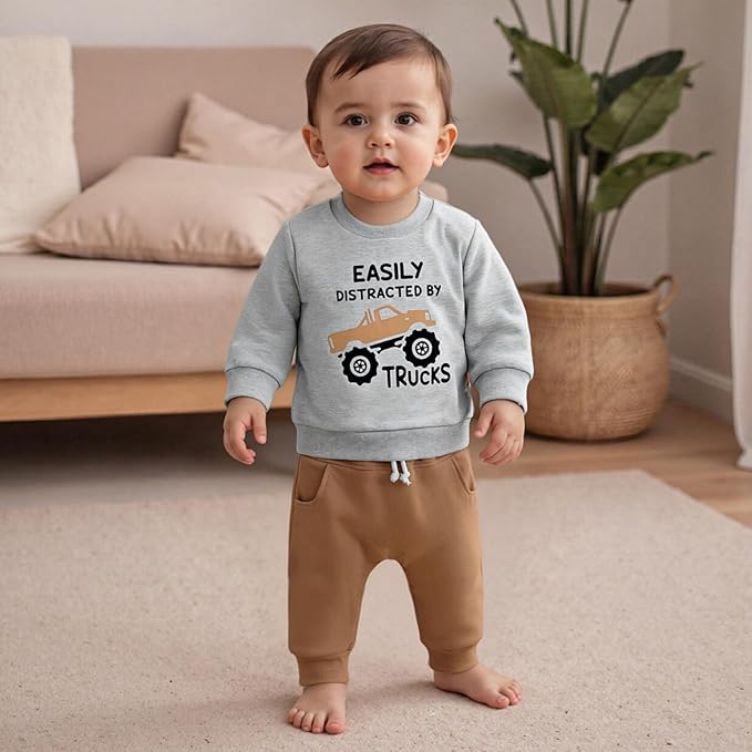 WZTYYDS Toddler Baby Boy Fall Clothes Letter Truck Long Sleeve Pullover Sweatshirt Tops Joggers Pants Set Winter Outfits