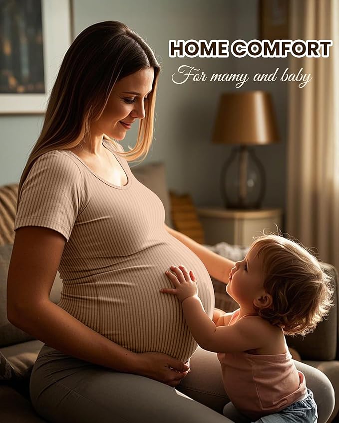 Neer 3 Pack Women's Ribbed Maternity Tops Pregnancy Round Neck Shirts Short Sleeve Soft Maternity Clothes for Mama