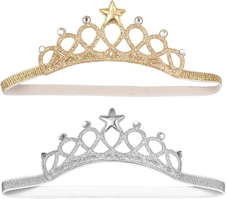Beaupretty 2PCS Baby Girls Crystal Crown Tiara Hair Belt Headband Soft Headwrap Princess Headpiece Children Hair Accessories for Birthday Party, Photography (Silver+Gold)