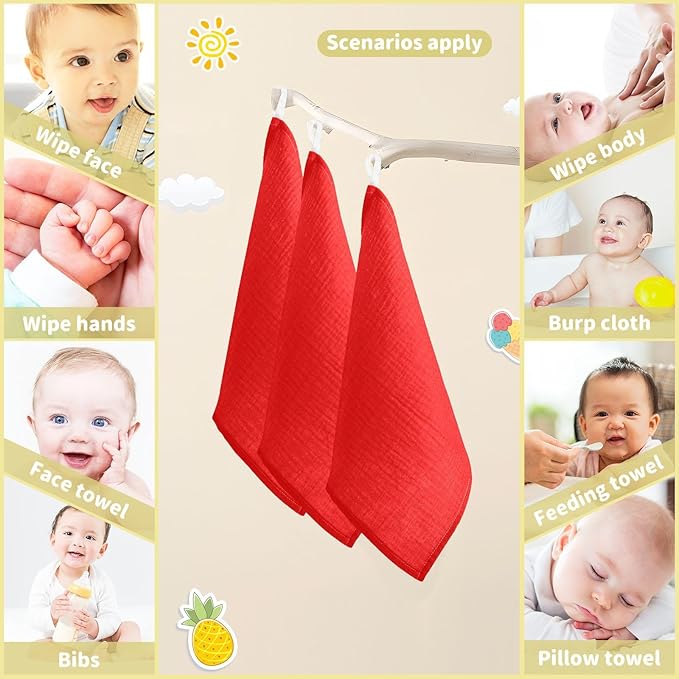 YETTASBIN Red Solid Color Muslin Baby Hand Washcloths, Soft Cotton Bath Face Towel, 4 Layers Extra Absorbent Feeding Burp Cloth for Newborn Infant Sensitive Skin, 5 Pack