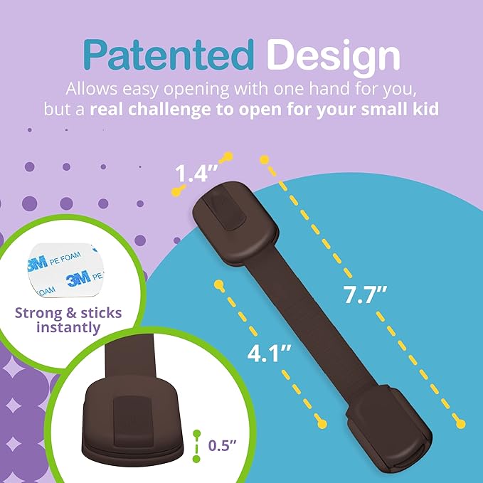 Adjustable & Reusable Child Safety Cabinet Locks & Latches, Baby Proofing Door Window, Cabinet, Toilet, & Refrigerator Lock, Child Safety Strap Locks with Adhesive Pads, Pack of 6, Brown - Wonderkid