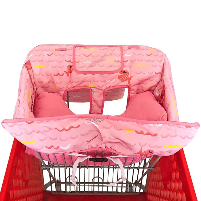 Love&go Soft Pillow Attached 2-in-1 Shopping Cart and High Chair Cover for Baby, Cotton Padded Cart Cover, Fold'n Roll Style, Portable with Carry Bag (Pink Fish)