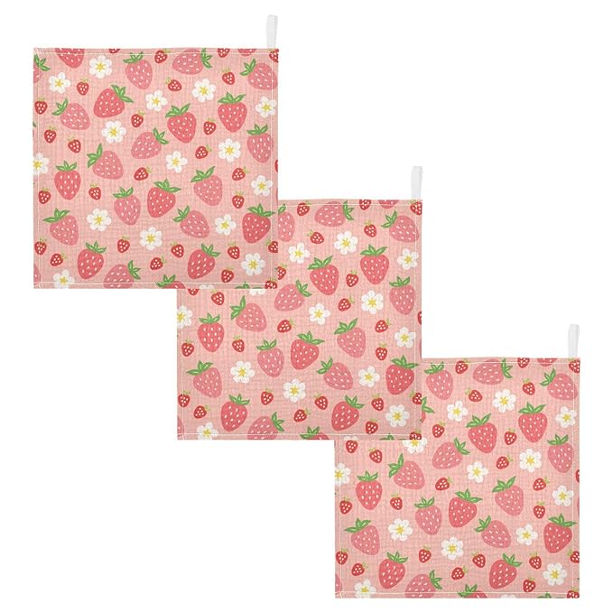 Strawberry Baby Muslin Washcloths 3 Pack, Absorbent Soft Cotton Baby Bath Face Towels Burp Cloths for Newborn Boys Girls, 12 x 12 Inch